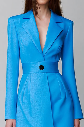 Blauwe Lange Mouwen Inkeping Revers Korte Blazer Jurk